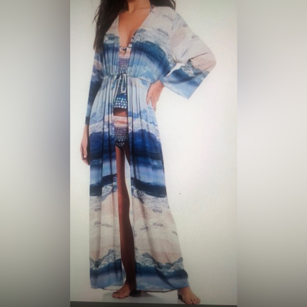 Blue Seascapes Tie-Front Maxi Cover-Up by Kenneth Cole in Blues & White , Taupe